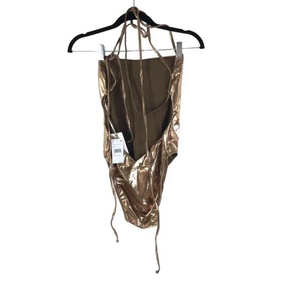 Good American GSW0271 Sz 6/3X Mocha Foil Barely There Tie Wrap 1-Pc Swimsuit - Picture 4 of 5